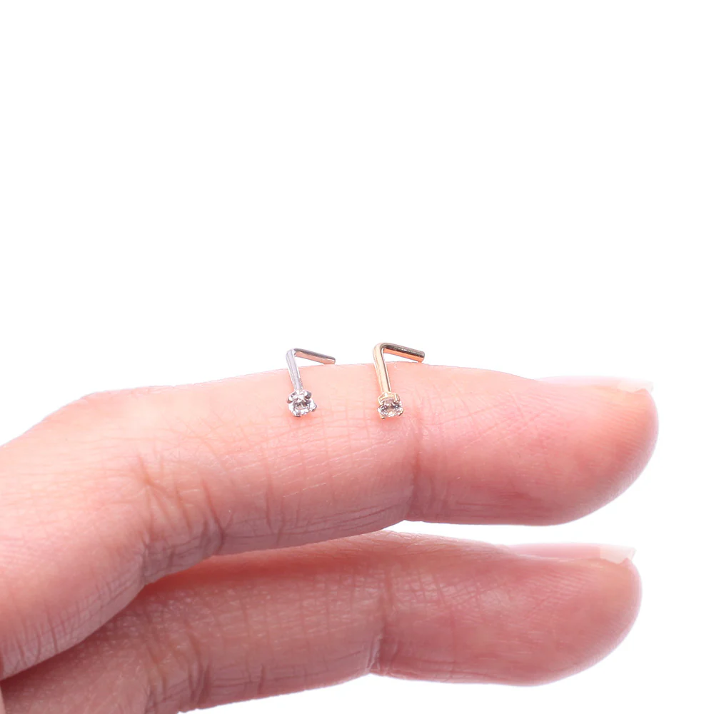 14 Karat White Gold Prong Set Gem Top L-Shaped Nose Ring - Image 4